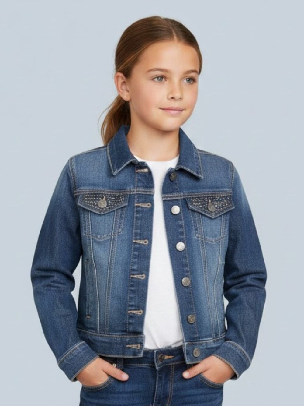 Jessica Simpson Girls Pixie Denim Jacket L Large Medium Wash Rhinestone Studded